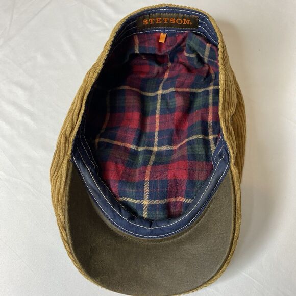 Stetson Tan Corduroy Cap Newsboy Newsie Hat Driving Cap Plaid Lined - Picture 7 of 8